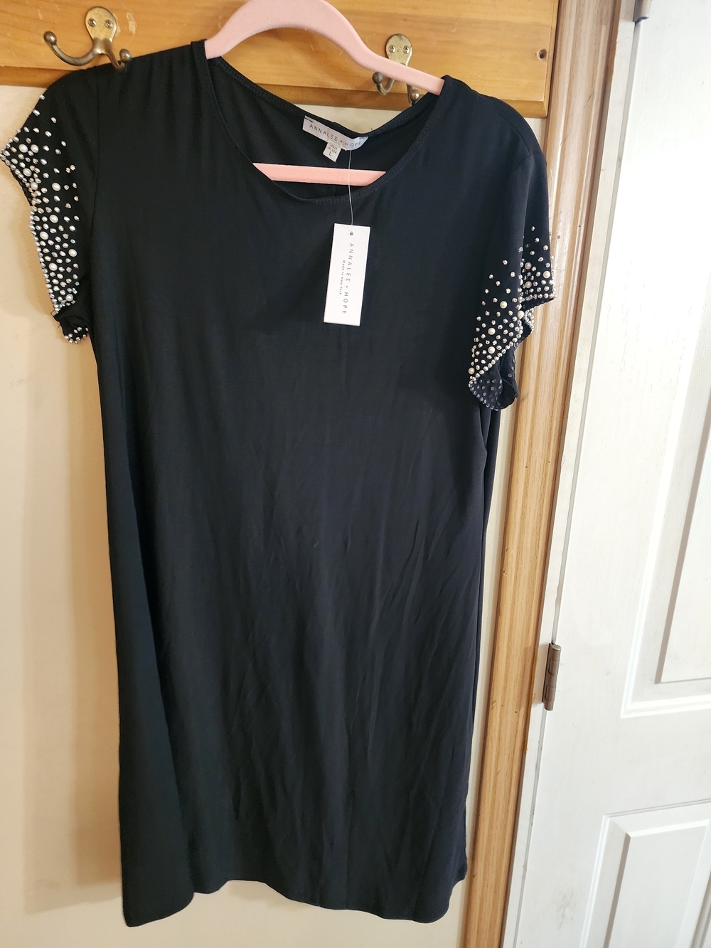 Sz 10 Annalee + Hope Black Mini Dress with Pearl-Studded Sleeves